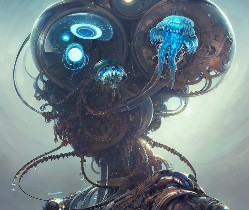 Image similar to Cyborg biomechanical jellyfish, sci-fi, highly detailed, digital painting, artstation, concept art, smooth, sharp focus, illustration, art by artgerm and greg rutkowski and alphonse mucha