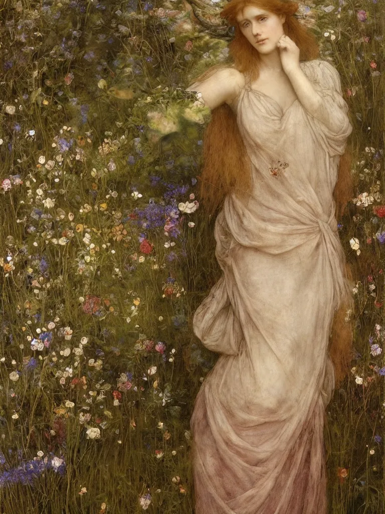 Image similar to beautiful pre - raphaelite woman, flower halo, flowing gown with empire waist in a wildflower meadow, floating leaves, fairys and flower petals in background, painterly, briar patch, thorns, dreamy, painted by jeremy mann, edward burne - jones, and john everett millais, alma tadema, ethereal, stunning, god rays, detailed