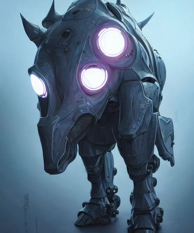 Image similar to an anthropomorphic rhinoceros portrait wearing a sci fi armor, surrealism , scifi, intricate mecha armor, elegant, highly detailed cybernetic body armor, neon glowing eyes, digital painting, artstation, concept art, smooth, sharp focus, illustration, art by Artgerm and moebius and Peter Mohrbacher,