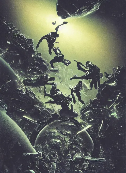 Image similar to astronauts divers in dark void underwater - complex and hyperdetailed technical suit design. reflection and dispersion materials. rays and dispersion of light. volumetric light. f / 3 2. noise film photo. flash photography. ultra realistic, 5 0 mm. poster by wayne barlowe, hajime sorayama aaron horkey, craig mullins