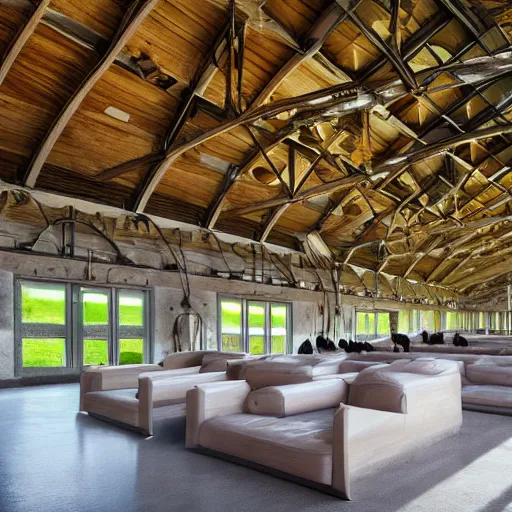 Image similar to interior view of modern futuristic farm barn architecture and interior design, lounge chairs, sofas, cows, chickens, pigs, wall art, detailed luminescent oil painting 4 k