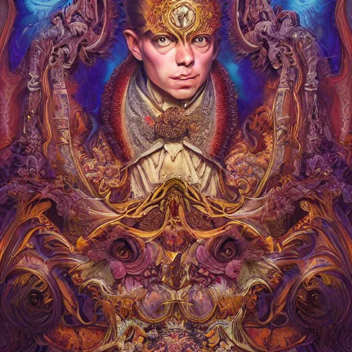 Image similar to beautiful oil painting, full length portrait of dauphinois in baroque coronation robes 1701, Dan Mumford, Dan Mumford, Alex grey, highly detailed , lsd visuals, dmt fractal patterns, hallucinogen, visionary art, psychedelic art, ornate, vaporwave, baroque, Greg rutkowski