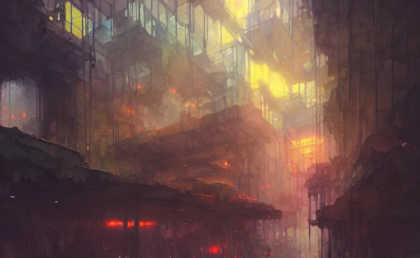 Prompt: subterranean city. intricate, amazing composition, colorful watercolor, by ruan jia, by maxfield parrish, by marc simonetti, by hikari shimoda, by robert hubert, by zhang kechun, illustration, gloomy, volumetric lighting, fantasy