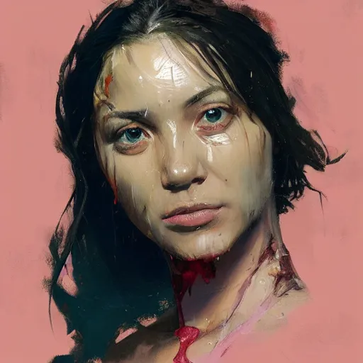 Image similar to greg manchess portrait painting of an female survivor in a bloody pink t shirt, goddess, wet flowing hair, bandage nose, shiny wet skin, medium shot, asymmetrical, profile picture, organic painting, matte painting, bold shapes, hard edges, street art, trending on artstation, by huang guangjian and gil elvgren and sachin teng