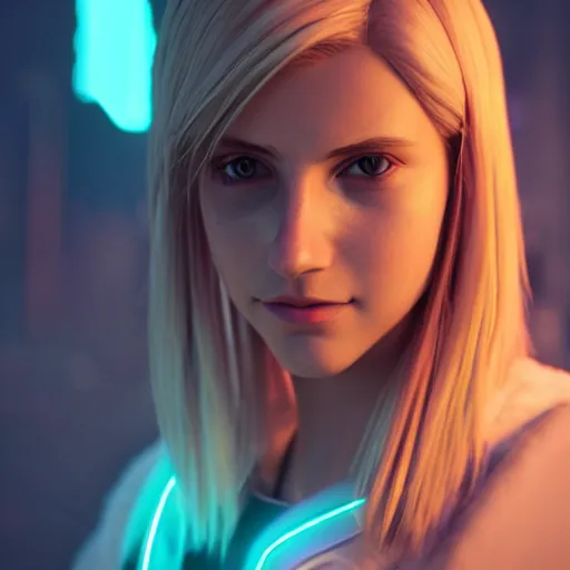 Image similar to Annie Leonhart in a neon city, octane render 8k, photorealistic render, atmospheric render, beautiful face, cute