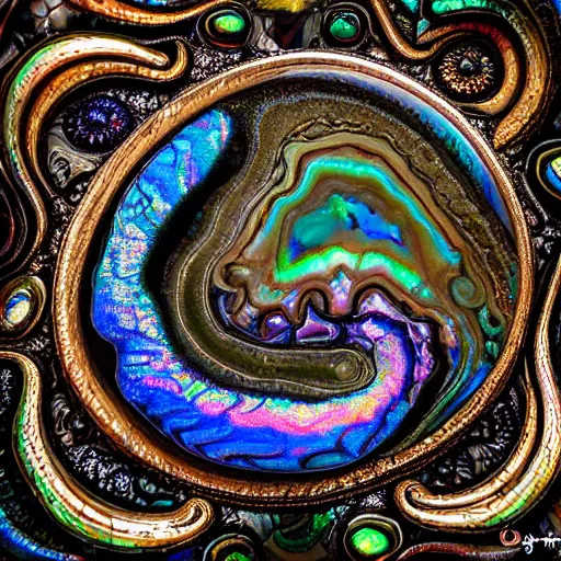 Image similar to Art Nouveau cresting oil slick waves, hyperdetailed bubbles in a shiny iridescent oil slick wave, ammolite, geode, detailed giant opalized ammonite shell, black opal, abalone, paua shell, ornate copper patina medieval ornament, rococo, organic rippling spirals, octane render, 8k 3D, druzy geode, cresting waves and seafoam