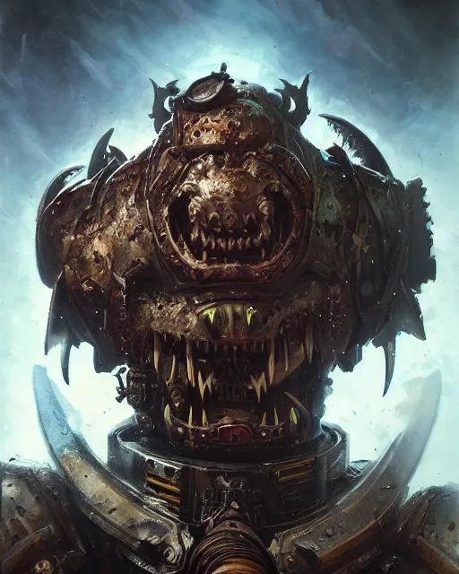 Prompt: hyper realistic portrait of heroic warhammer 4 0 k beast, android head, cinematic, chaos marine, wolf, horror, nurgle, artstation, cgsociety, full head and shoulders, greg rutkowski, james gurney, mignola, craig mullins, brom redshift, vray, octane