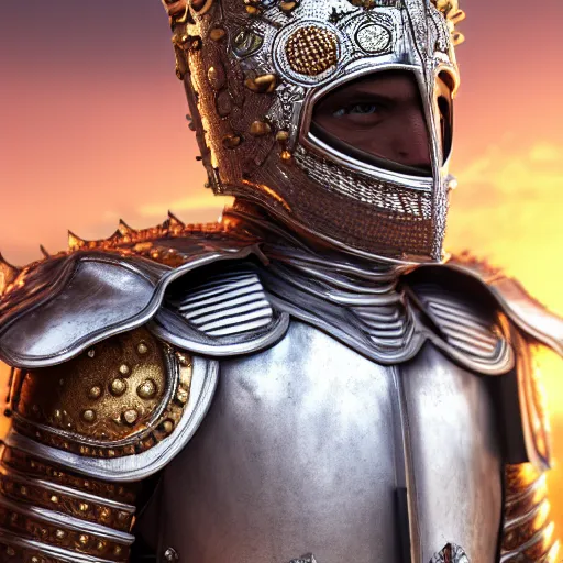 Image similar to a highly detailed full-length knight in a golden helmet and crown with a diamond in the center, golden armor, leather clothes under the armor, leather gloves, artstation, DeviantArt, professional, octane render, sunset lighting