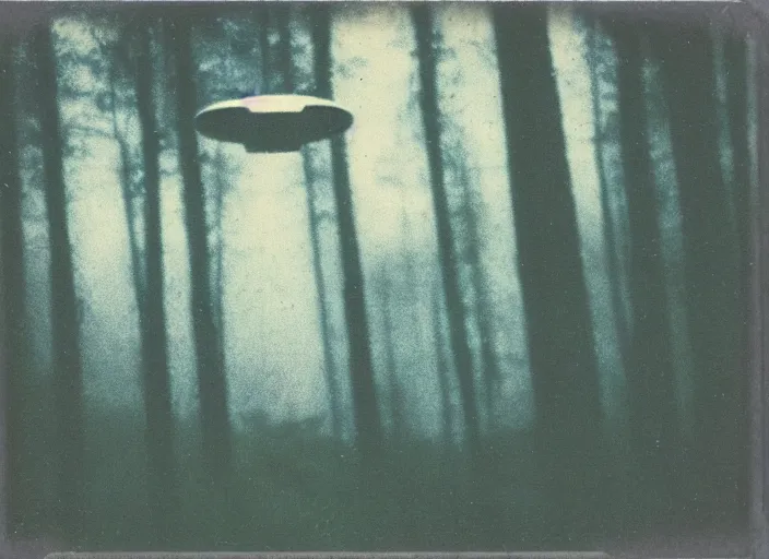 Image similar to aged blurry polaroid photograph of a ufo hovering above a forest at dusk