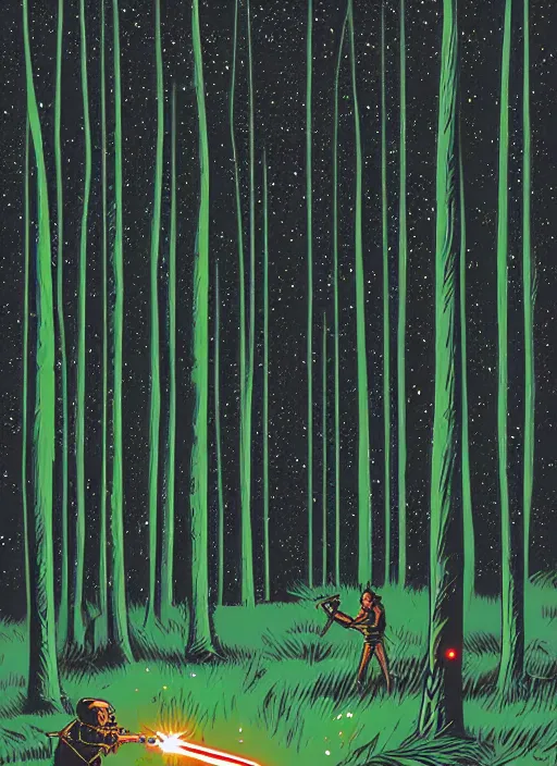 Prompt: lightsaber duel in a forest at night by Dan Mumford