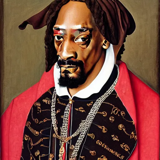 Image similar to a highly detailed portrait of snoop dogg, wearing elegant tudor clothes, inside a room with thick red tapestries, oil painting by hans holbein and alessandro allori and richard burbage