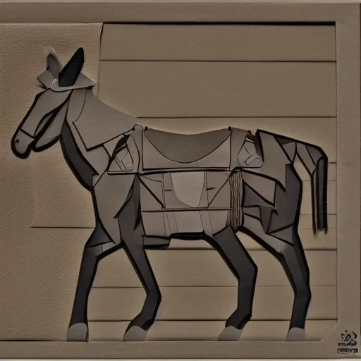 Prompt: paper cutout of a pack mule, shot from below, some of the paper is singed, highly detailed, 8k