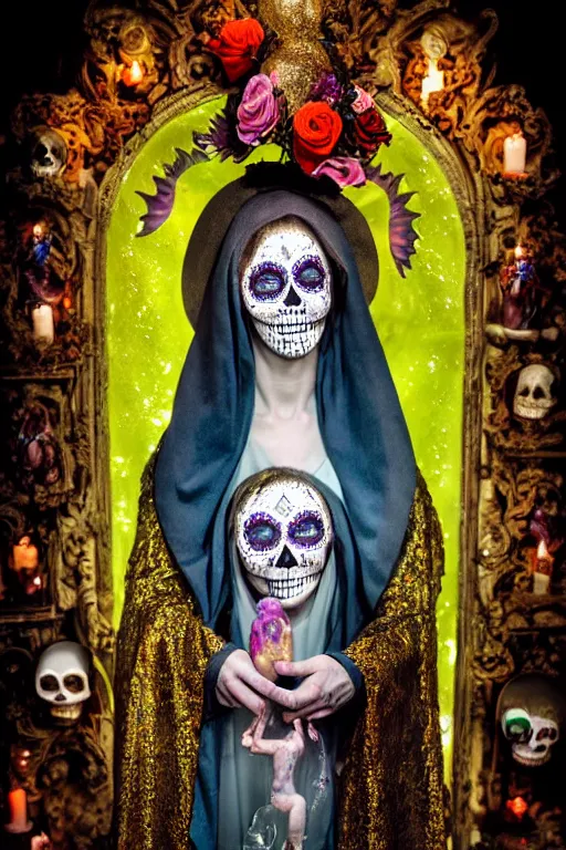 Prompt: virgin mary holding stainglass heart, dia de muertos dress and make up, horrific beautiful vibe, evocative, atmospheric lighting, painted, intricate, highly detailed, leesha hannigan, wayne haag, reyna rochin, ignacio fernandez rios, mark ryden, iris van herpen, stunning, gorgeous, sharp focus, cinematic, masterpiece