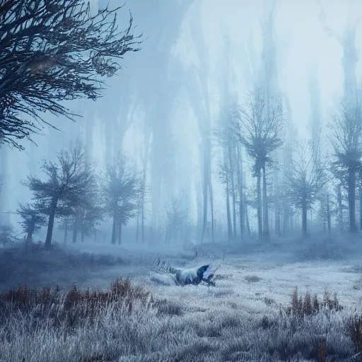 Image similar to the wild hunt, spectres, apparitions, unholy, riding in the sky, bad omen, enchanted forest, blizzard storm, fog, full moon, snowy environment, in the style of the witcher series, hyperrealism, breathtaking, award winning, groundbreaking, octane render, unreal 5, intricate digital art, 8 k hi - res