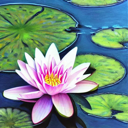 Image similar to waterlily flower, bright colors, painting, detailed, magical environment, peaceful, beautiful, artwork, realistic detail, natural lighting, brush strokes, pintrest, behance