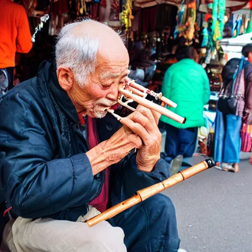 Image similar to old man playing a flute at a busy street market