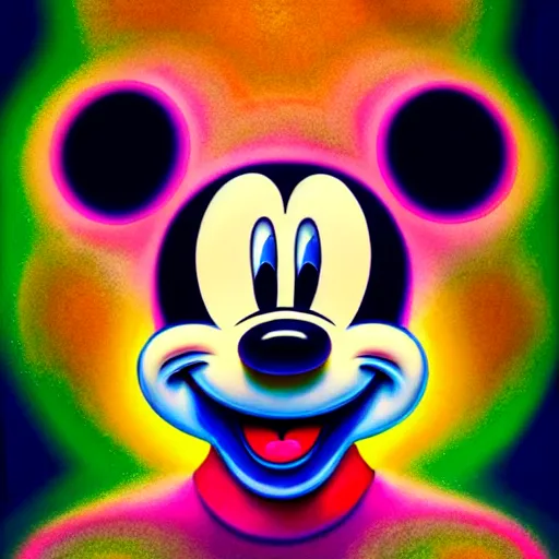 Image similar to an extremely psychedelic portrait of mickey mouse, surreal, lsd, face, detailed, intricate, elegant, lithe, highly detailed, digital painting, artstation, concept art, smooth, sharp focus, illustration