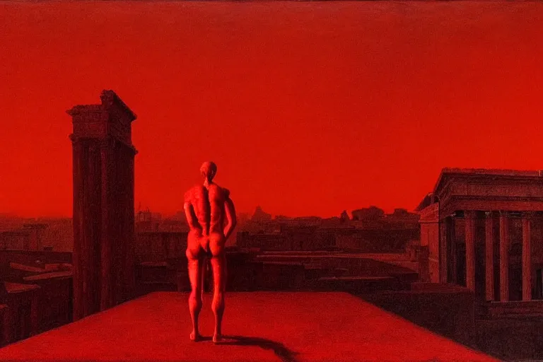 Image similar to only with red, caesar after war, a red tiger, in hoc signo vinces, rome in background, an ancient path, in the style of beksinski, part by hopper, part by rodcenko, part by hofbauer, intricate composition, red by caravaggio, insanely quality, highly detailed, masterpiece, red light, artstation