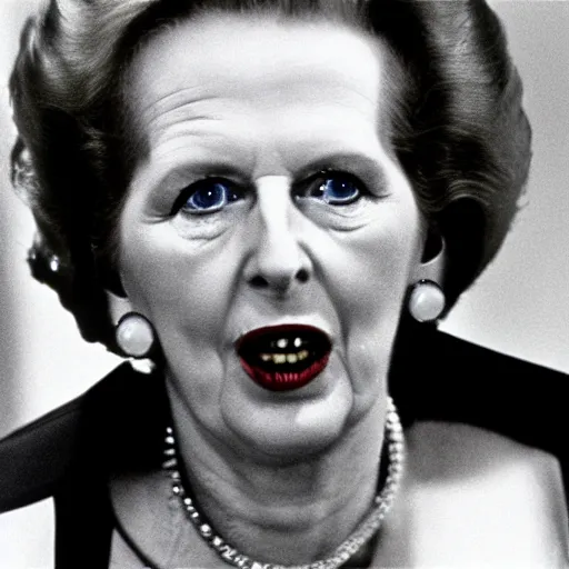 Prompt: A still of Margaret Thatcher as the Terminator in The Terminator (1984)