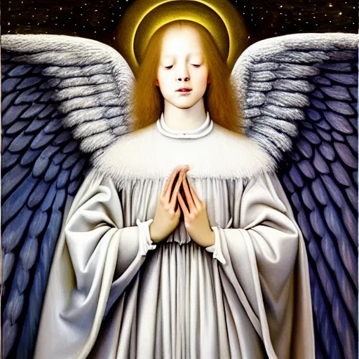 Image similar to highdetailed hyperrealistic painting of white angel!!! no gender smiling noface!!!, light instead of hands, white sparkles everywhere, 4 k hd face!!!, big silver high detailed wings!!!, renaissance, by jan van eyck, holography space, glow effect, large strokes, monochrome!!!!!