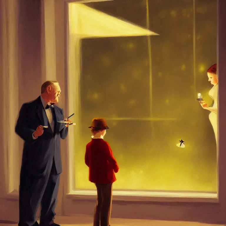 Image similar to a storybook illustration of anthony hopkins smoking at night, fireflies, quiet night scene painted by Edward Hopper masterpiece, intricate, elegant, fantasy, highly detailed, digital painting, concept art, sharp focus, artstation