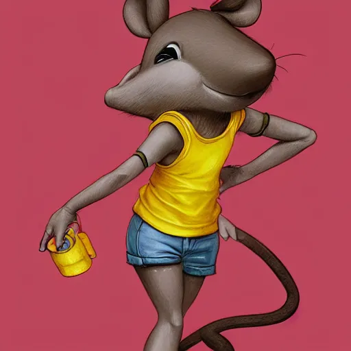 Image similar to anthropomorphic mouse wearing denim short shorts and yellow tank top, highly detailed, artgerm style, artstation, soft light, sharp focus, illustration, character design, concept art