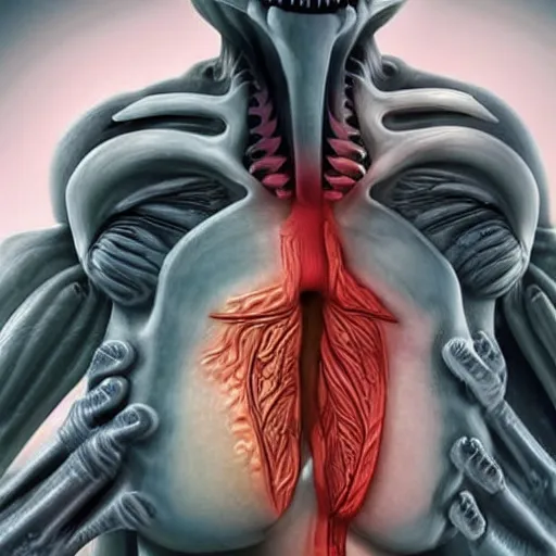 Image similar to a human bursting out of the chest of a xenomorph