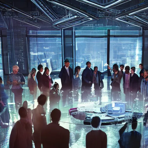 Prompt: large group people in a glass warehouse, looking at hologram of futuristic city on a table | cinematic concept art | godrays | 4 k | clear details | tabletop model | tabletop model | hologram center