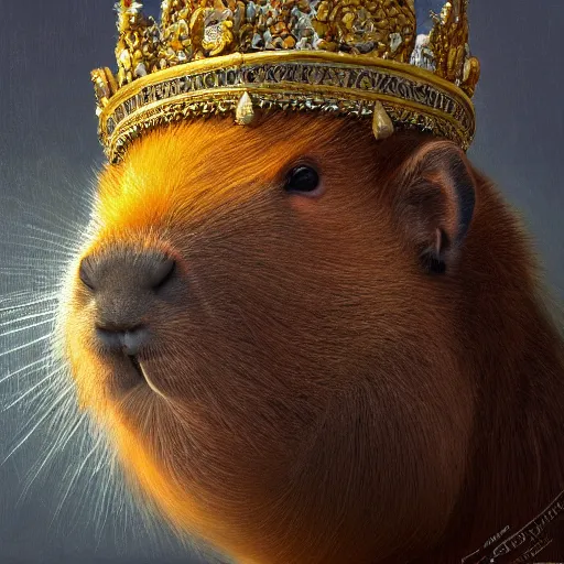 Prompt: detailed photorealistic painting of a capybara wearing a highly detailed ornamented crown typical, sharp focus in the style of ruan jia, Mandy jurgens, cinematic light, concept art, trending on artstation, photorealistic, ultra realistic