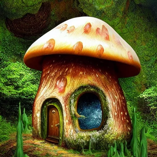 Image similar to a mushroom house in an enchanted forest