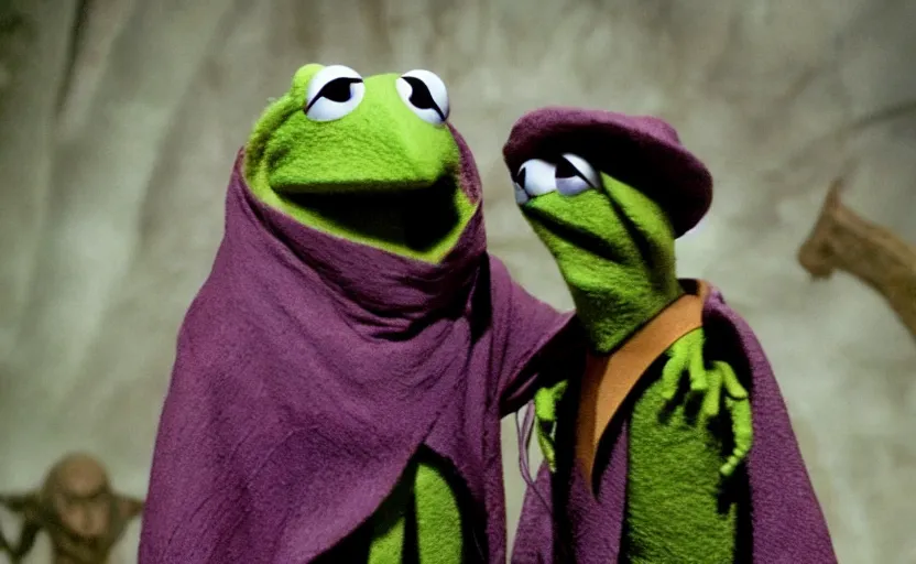 Image similar to kermit as a dark mage, a still from the dark crystal, high quality, very detailed, cinematic,