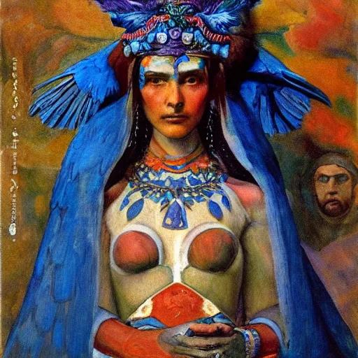 Prompt: the raven queen in her crown, by Annie Swynnerton and Nicholas Roerich and Diego Rivera, blue skin, elaborate costume, geometric ornament, rich color, dramatic cinematic lighting, smooth, sharp focus, extremely detailed