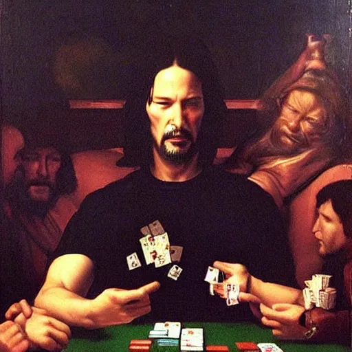 Prompt: a renaissance painting of keanu reeves playing poker with aliens. Dark, average quality, realistic faces, lonely