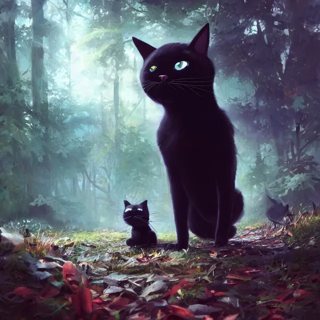 Image similar to a beautiful painting of a cute black cat in a forest. pixar character design by cory loftis, fenghua zhong, ryohei hase, ismail inceoglu and ruan jia. artstation, volumetric light, detailed, photorealistic, rendered in octane