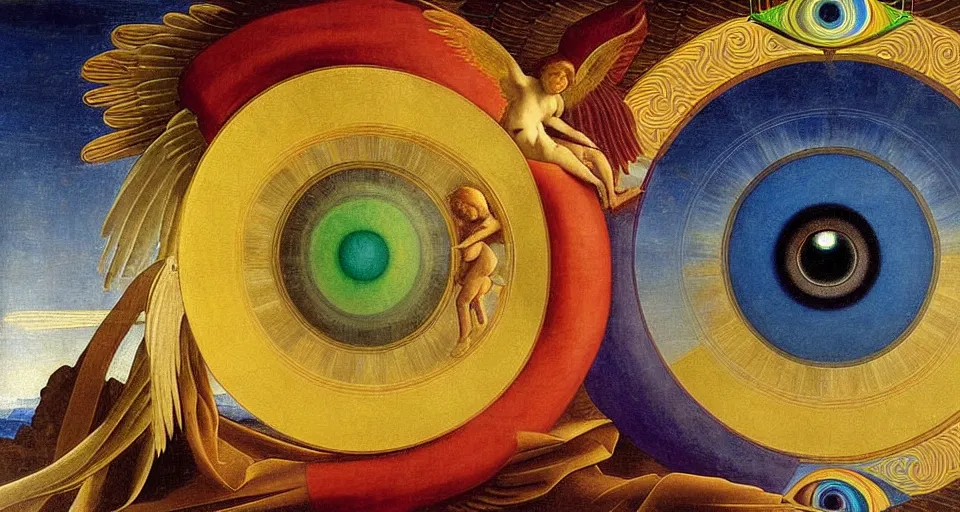 Image similar to painting of rainbow ophanim surrounded by large diagonally rotating rings, ophanim has bird wings, giant eyeball in the middle of the ophanim, by roberto. ferri, sandro botticelli, by caravaggio, by alexandre cabanel, by george clark stanton, amazing details, mythological, biblical, beautiful composition