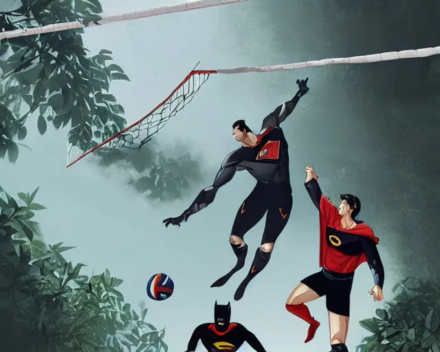 Image similar to batman and superman are playing volleyball in a jungle, volleyball in the air, volleyball net, digital illustration, inspired by greg rutkowski and artgerm, high detail