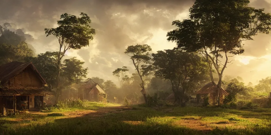 Image similar to kerala village countryside, beautiful dynamic lighting, cinematic, wide angle establishing shot, extremely high detail, photo realistic, cinematic lighting, post processed, concept art, artstation, matte painting, style by eddie mendoza, raphael lacoste, alex ross, volumetric lighting, light rays, photorealistic, ultrarealistic, moody, coronarender, 8k