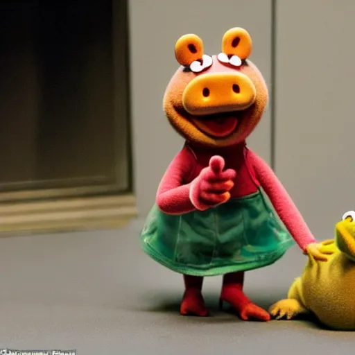 Image similar to miss piggy as guard at a maximum security muppet prison. she is taking a handcuffed animal to solitary confinement + photorealistic - h 6 4 0