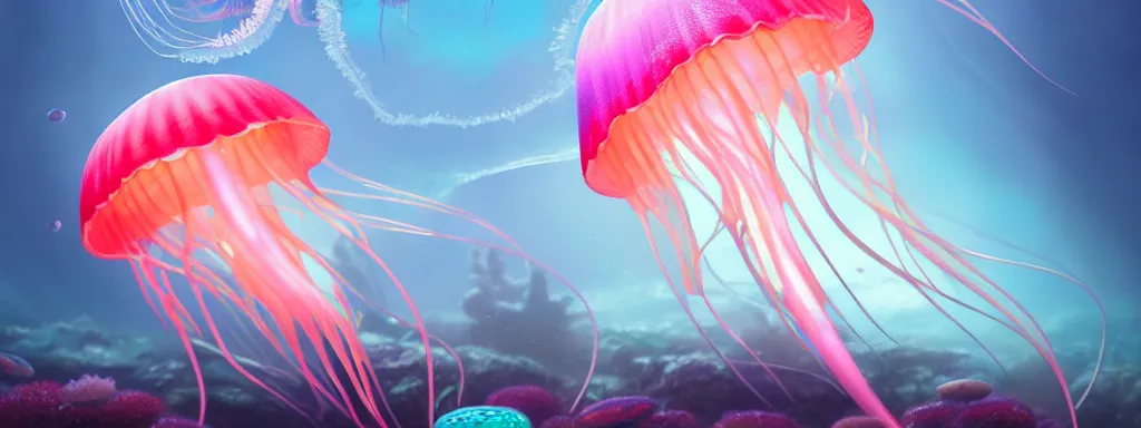 Prompt: a jellyfish in a coral reef by charlie bowater and anna dittmann and artgerm and clemens ascher, intricate, elegant, pink and blue and green mist, highly detailed, dramatic lighting, sharp focus, octane render, trending on artstation, artstationhd, artstationhq, unreal engine, 4 k, 8 k