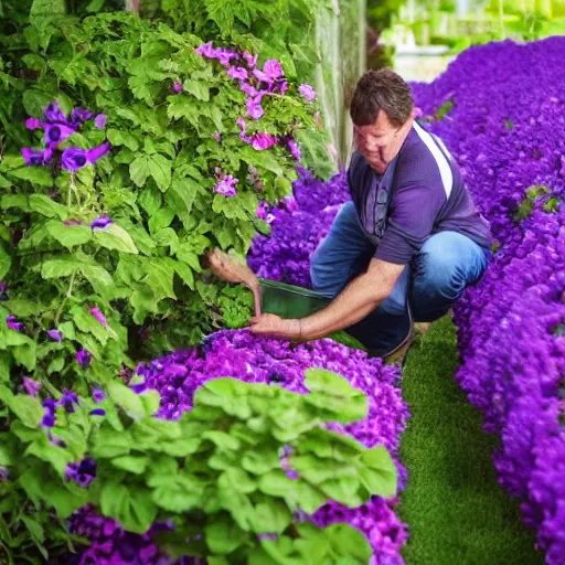 Prompt: purple panther picking petunias, award-winning photography