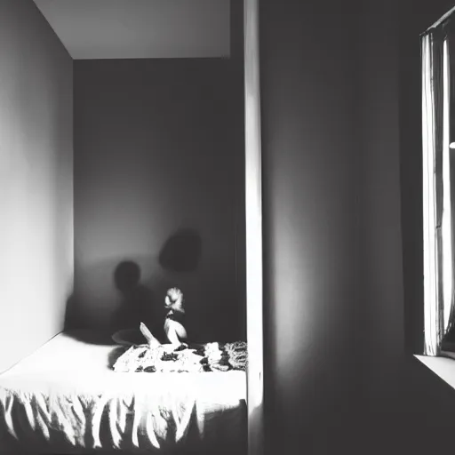 Image similar to silhouette of person at the edge of bed, children's room, eerie