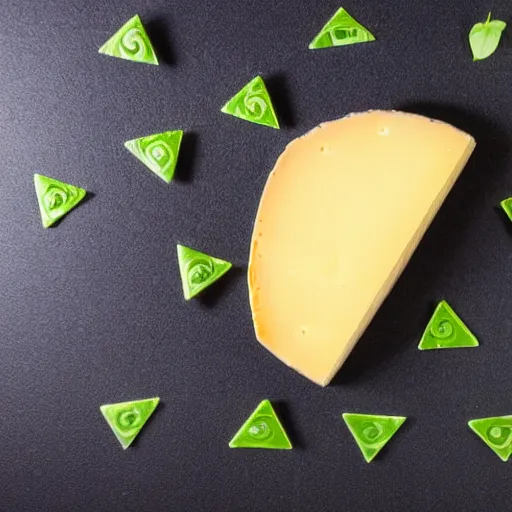 Prompt: a wedge of cheese with a green participation badge saying participation badge stuck to the side, stock art, 8K