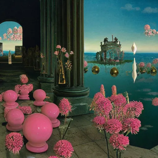 Prompt: David Friedrich, giant marble chess pieces, gold rings, liminal spaces, party balloons, checkered pattern, mirrors, David Friedrich, award winning masterpiece with incredible details, Zhang Kechun, a surreal vaporwave vaporwave vaporwave vaporwave vaporwave painting by Thomas Cole of an old pink mannequin head with flowers growing out, sinking underwater, highly detailed