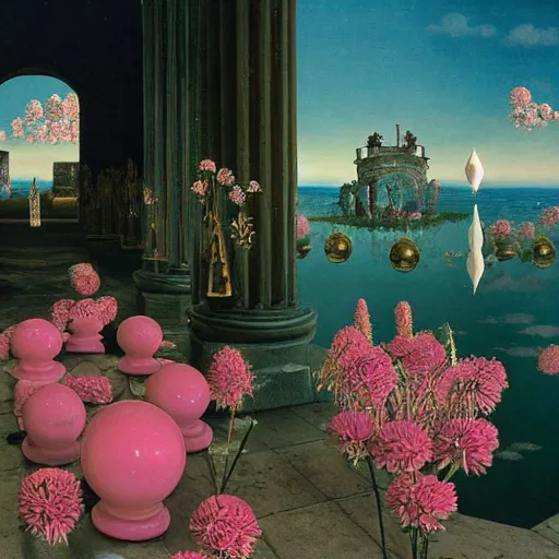 Image similar to David Friedrich, giant marble chess pieces, gold rings, liminal spaces, party balloons, checkered pattern, mirrors, David Friedrich, award winning masterpiece with incredible details, Zhang Kechun, a surreal vaporwave vaporwave vaporwave vaporwave vaporwave painting by Thomas Cole of an old pink mannequin head with flowers growing out, sinking underwater, highly detailed