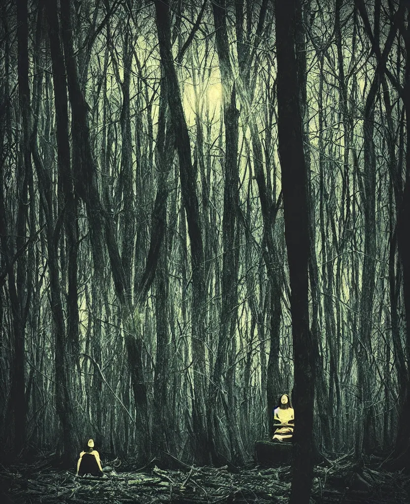 Image similar to “ dense dead forest with glowing orbs, woman sitting ”