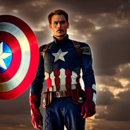 Image similar to an avengers movie still of johnny depp as captain america, 4 k, cinematic