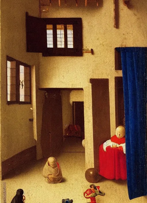 Prompt: cozy children room with toys, there was a crib with very high barred sides against the wall. The boy was holding a toy in his hands, apparently fiddling with it, medieval painting by Jan van Eyck, Johannes Vermeer