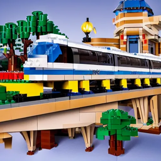 Image similar to Box art for a LEGO set of the Disneyland Monorail