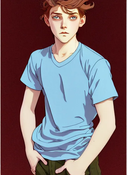 Image similar to art nouveau portrait of a teen boy with completely straight auburn hair, light blue eyes, pale skin, freckles, sad expression, t - shirt, modern casual clothing, natural lighting, path traced, highly detailed, high quality, cartoon, digital painting, by don bluth and ross tran and studio ghibli and alphonse mucha