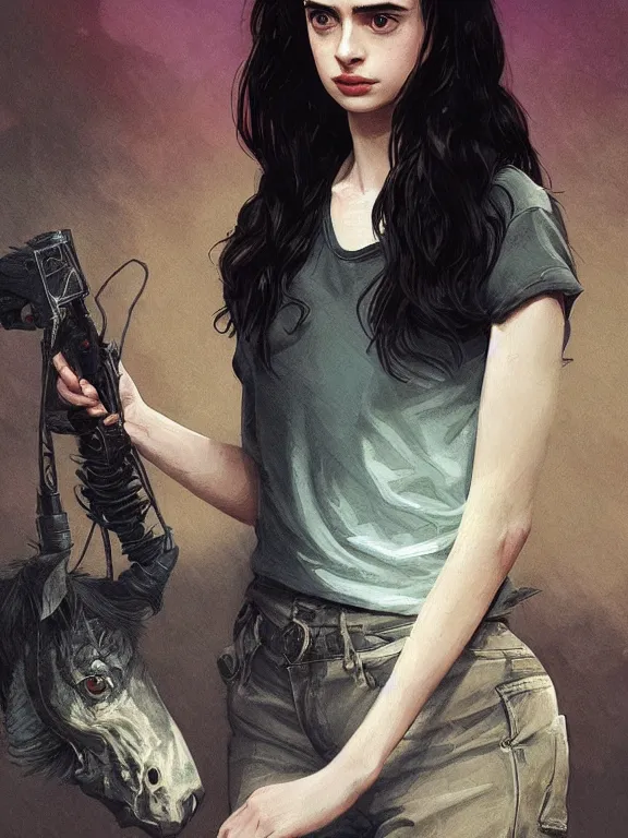 Prompt: young krysten ritter as nancy wheeler from stranger things,, intricate, highly detailed, digital painting, artstation, oppressive lighting, fashion concept art, sharp focus, illustration, art by greg rutkowski and alphonse mucha